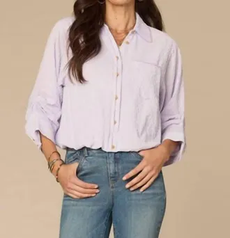 Democracy Tucked Sleeve Smocked Button Down Bubble Hem Splice Stripe Woven Shirt In Frosted Iris