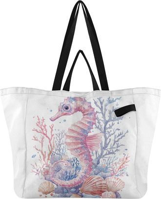 Generic Pink Seahorse Coral Shells pattern Reusable Canvas Tote Bag, Heavy Duty Grocery Shopping Bag with Double Handles Hard Bottom Large Capacity Work Groce