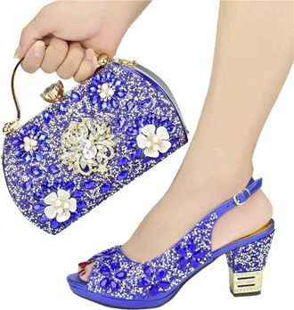 Generic Womens Wedding Bride Luxury Thick Heel Shoes and Evening Handbag Matching Set with Sparkly Rhinestone Flower Blue