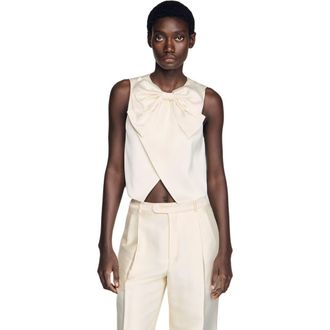 Sandro Satin bow crop top in Ecru at Nordstrom, Size X-Small