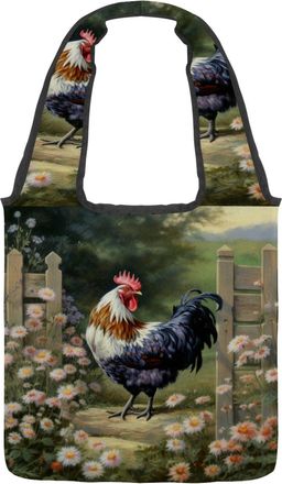 Generic Farm Rooster Daisies Reversible Canvas Shoulder Tote - Double-Sided Print, 12oz Cotton, 27cm Drop, Fold-Flat Bag for Travel, Shopping, Street Outings