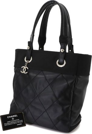 Chanel Paris Biarritz Black Nylon Pvc Leather Handbag Tote Bag (Pre-Owned)