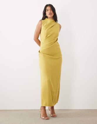 Asos vestito maxi colonna morbido sui fianchi in oliva dorata-Giallo