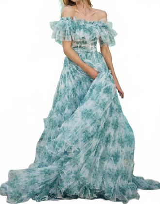 Sherri Hill Off Shoulder Floral Corset Gown In Green Print