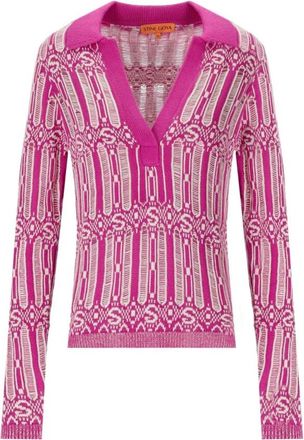 Stine Goya Fuchsia Logo Motif Sweater - Dames - V-hals truien - Roze - S - Katoen - Truien & Vesten