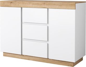 STILVORA C&oacute;moda Con 3 Cajones Y 2 Puertas, Gran Almacenaje, Estilo Cl&aacute;sico, En Tablero De Part&iacute;culas, Blanco Y Roble