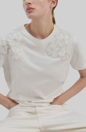 Mango Floral Embellished Cotton T-Shirt in Off White at Nordstrom, Size Small