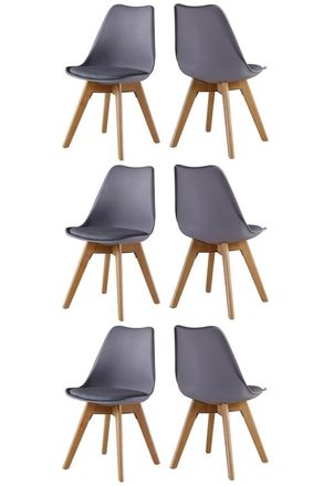 Life Interiors Set of 6 Scandinavian Dining Chairs Leather Cushions Solid Wood Legs in Grey