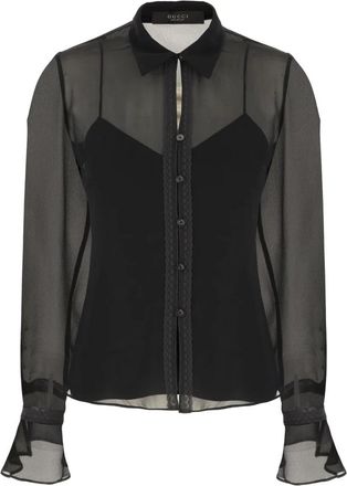 Gucci Leren Zijden Georgette Blouse - Dames - Overhemden - Zwart - M - Katoen - Overhemden