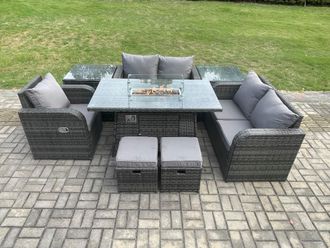 Fimous Outdoor Sofa Rattan Garden Furniture Set Patio Gas Fire Pit Dining Table & Reclining Chair set with 2 Side Tables 2 Small Footstools Dark