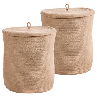 Beliani Conjunto De 2 Cestas De Algod&oacute;n 32 Cm A Rayas Tapa Accesorios Boho Beige Silopi