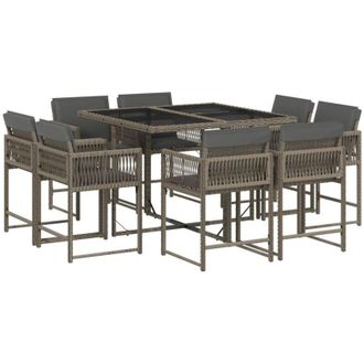 vidaXL Set Comedor Jard&iacute;n 9 Pzas Y Cojines Rat&aacute;n Sint&eacute;tico Gris