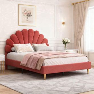 OEM Cama 140x190 Con Somier, Estructura De Cama Doble, Terciopelo Burdeos Y Cabecero En P&eacute;talo, Montaje F&aacute;cil, 2 Plazas