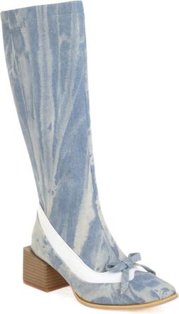 Generic Womens Retro Bow Embellished Knee High Shoes Pointed Toe Block Heel Two Tone Synthetic Leather Comfortable Non Slip Durable for Daily Street Party Wea