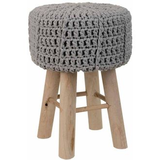 Wanderlust Deco Taburete De Madera Y Algod&oacute;n Trenzado Gris 32x32x44