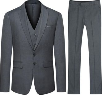 AlltheMen Mens Suits 3 Piece Regular Fit Dress Business Formal Wedding Blazer Waistcoat Trousers Grey 3XL