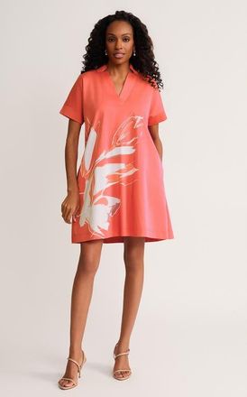 Ming Wang Relaxed A-Line Floral Printed Stretch Cotton Dress in Sunkist Coral/white at Nordstrom, Size Medium
