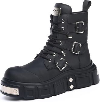 Generic Mens Lace Up Biker Boots with Side Zipper Round Toe PU Leather Short Boots Block Heel Platform Combat Boot,Black,6.5 UK