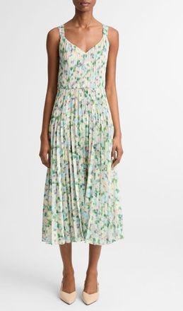 Vince Painted Garden V-Neck Pleated Dress in Herb Petal at Nordstrom, Size Xx-Small