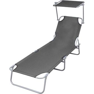 vidaXL Folding Sun Lounger with Canopy Steel Grey vidaXL
