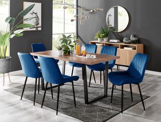 Furniturebox Kylo Large Brown Wood Effect Dining Table & 6 Pesaro Velvet Black Leg Chairs in Navy