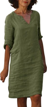 Generic Linen Dresses for Women UK 2024 Summer Short Sleeve V Neck Midi Dress Tshirt Tunic Dresses Loose Flowy Beach Sundress with Pockets for The Elderly Lad