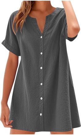 Generic Womens Linen Dress Button Down Shirt Dresses Summer Mini Dresses Straight Beach Sundresses Short Sleeve V Neck Cotton Linen Henley Shirts Longline Top