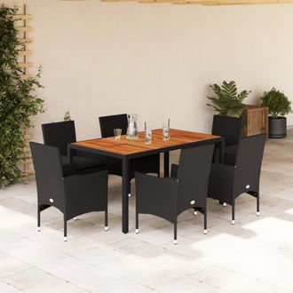 vidaXL Set De Comedor Jard&iacute;n 7 Pzas Con Cojines Rat&aacute;n Pe Acacia Negro Vidaxl