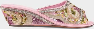 Versace 50mm Beaded Satin Peep-Toe Wedge Mules