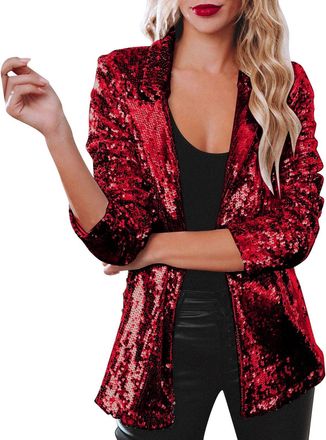 Generic Sequin Jacket Blazers for Women UK Solid Color Long Sleeve Open Front Cardigan Fitted Long Sleeve Blazer Bomber Jacket Casual Party Suit Lightweight G