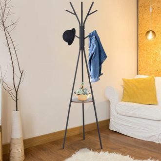 HOMCOM Free Standing Metal Coat Rack Stand 9 Hooks w/ Shelf - Brown - Home Living | TJ Hughes