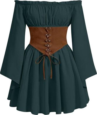 Generic Renaissance Dress Women Off The Shoulder Bell Long Sleeve Medieval Dresses Smocked Pirate Costumes Gothic Victorian Halloween Cottagecore Viking Costu