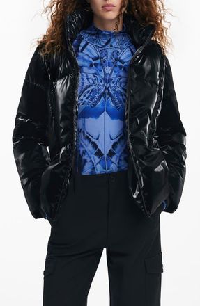 Desigual Faux Patent Leather Padded Jacket in Black at Nordstrom, Size X-Small