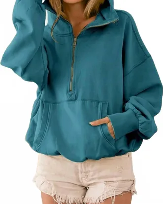 Bibi Stitch Detailed Elastic Hem Half Zip Hoodie In Vintage Teal