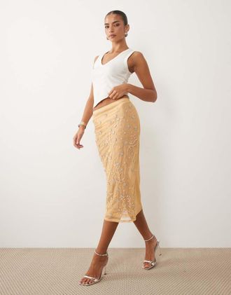 Asos Gonna lunga in rete color crema con decorazioni sparse-Bianco