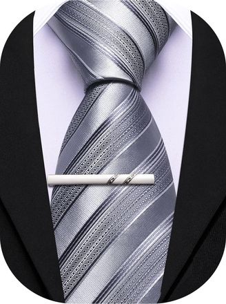 Barry.Wang Silk Men Ties Formal Stripes Necktie and Tie Clip for Wedding Party Business Fashion Classic, Gray Silver, One Size