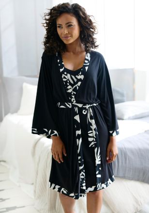 French Connection Kimono FRENCH CONNECTION, Damen, Gr. 32/34, schwarz, Viskose, unifarben, Kurzform, Hausm&auml;ntel Kimono, im zeitlosen Schwarz-Weiss-Look