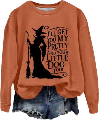 Generic Womens Halloween Witch Ill Get You My And Your Little Dog Too Causal Sweatshirt Womens Sweatshirts Long Sleeves Pullovers Top (Orange, M)