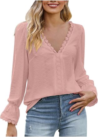 Generic 2025 Summer Fall Fashion Womens Deep V Neck Floral Edge Shirt UK Long Sleeve Lace Ruffle Floral Cuffs Tunic Tops Ladies Elegant Lightweight Flowy Blou