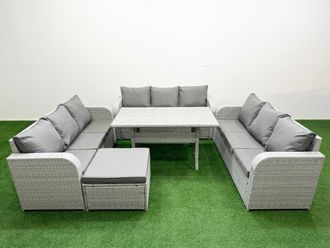Fimous PE Rattan Lounge Sofa Set 10 Seater Outdoor Garden Furniture Set with Rectangular Dining Table 3 Seater Sofa Big Footstool Light Grey