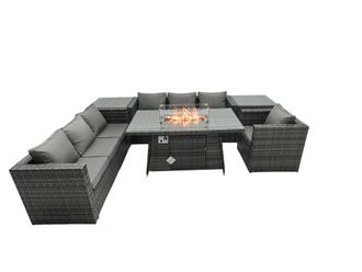 Fimous Rattan Garden Furniture Firepit Dining Set 7 Seater Lounge Sofa Table Set with 2 side table in Dark Grey
