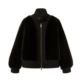 Twinset Jassen, Dames, Zwart, S, Wol, Bomberjack van imitatiebont en wolmix