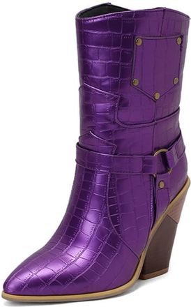 Generic Womens Crocodile Pattern Mid Calf Boots Pointed Toe Chunky Heel Buckle Decor Cushioned Insole Non-Slip Outsole Party Daily Streetwear Shoes,Purple,8.5