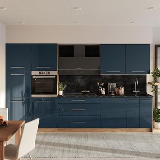 Vicco Mueble De Cocina Fame-line, Azul Oscuro Alto Brillo/roble Dorado, 340 Cm Sin Encimera, Vicco