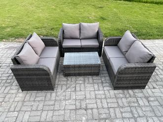 Fimous Outdoor Garden Furniture Sets 6 Seater Wicker Rattan Furniture Sofa Sets with Rectangular Coffee Table Love Sofa Dark Grey Mixed