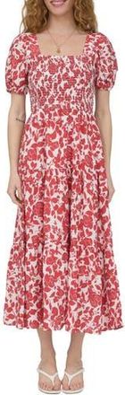 August Sky Puff Sleeve Smocked Midi Dress in Red Multi at Nordstrom Rack, Size Medium