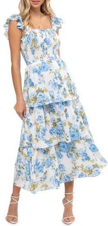 August Sky Floral Tiered Midi Dress in Blue Multi at Nordstrom Rack, Size Large