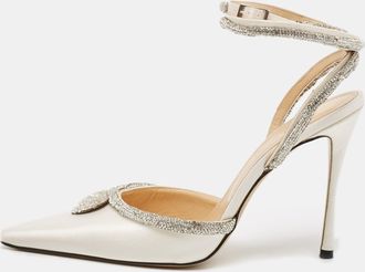 Mach & Mach Cream Satin Crystal Embellished Heart Pumps