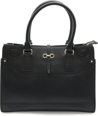 Ferragamo Gancini Black Leather Handbag Tote Bag (Pre-Owned)