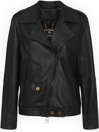 Elisabetta Franchi Oversized Leren Bikerjack met Used-Effect - Dames - Leren en Su&egrave;de Jassen - Zwart - XS - Leer - Jassen